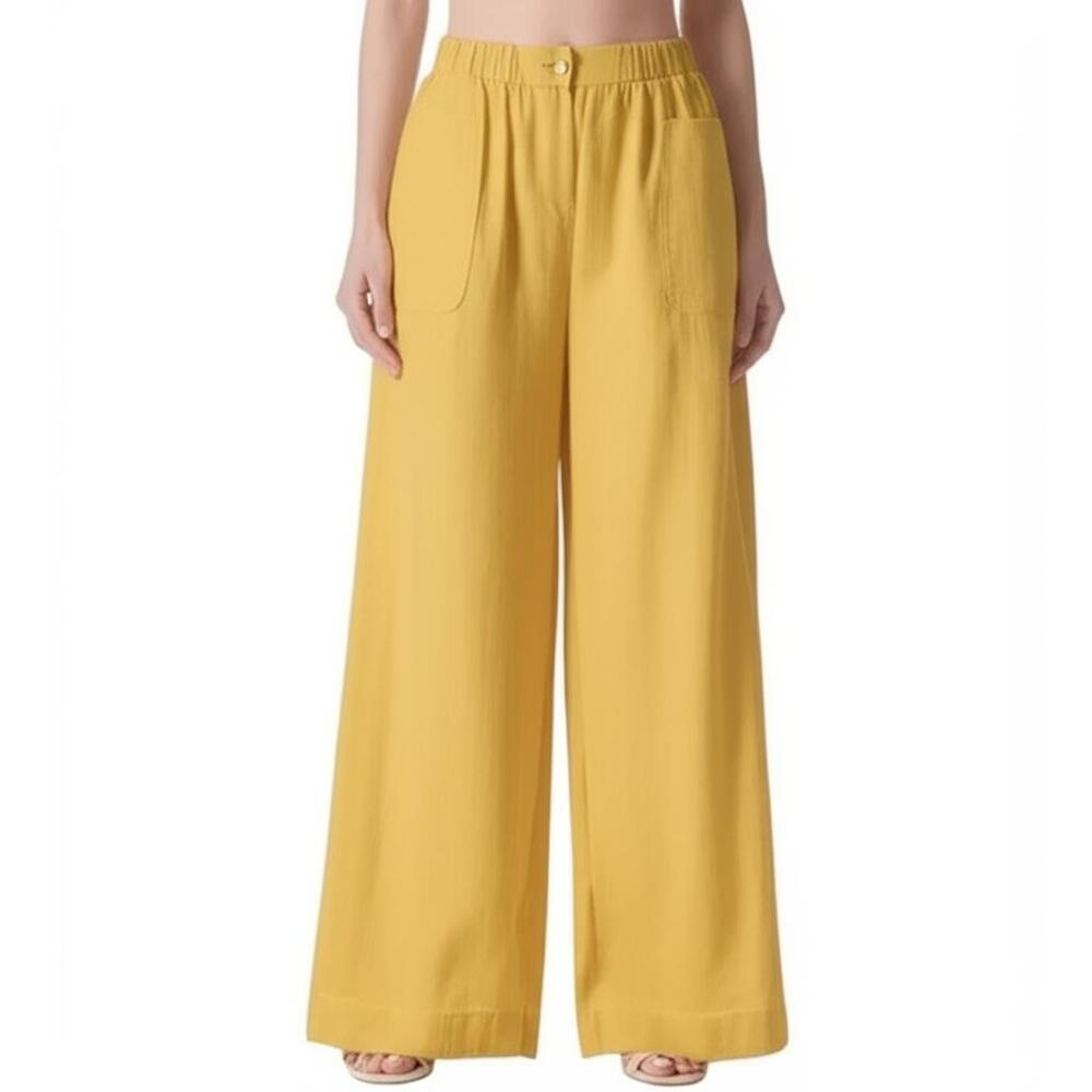 Karen Kane Yellow Linen Blend Wide Leg Pants Medium Coastal Grandma Resort
